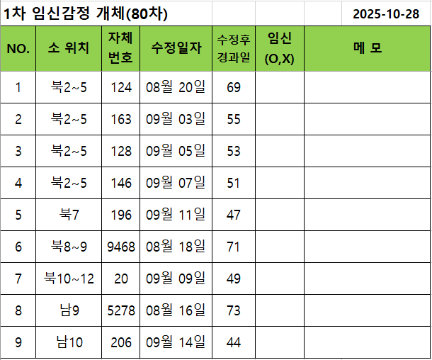 임신감정 개체 엑셀 정리 사진