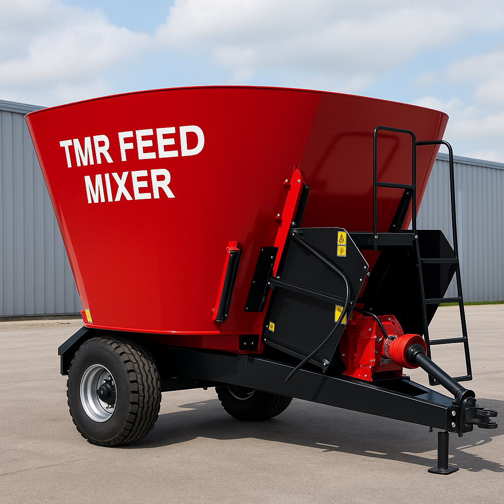 한우 농장에서 사용하는 TMR 배합기 장비. 건초와 농후사료를 균일하게 혼합해 급여하는 장비.